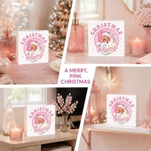 Pink Christmas Decor, Vintage Christmas Decorations Indoor, Glitter Candy Cane Santa Claus Sign Gift for Women Friends, Rustic Farmhouse Wooden Box Sign for Home Office Bedroom Desk Decor 5x5 Inches - Image 5