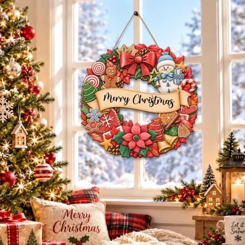 Christmas Decorations Gingerbread Snowman Merry Christmas Wreath Wood Sign - Image 6