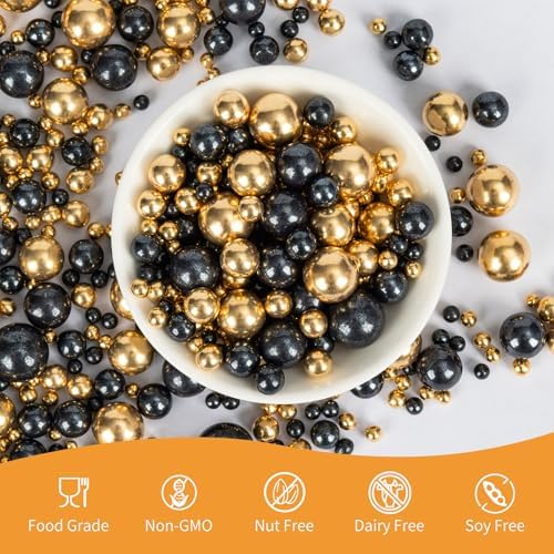 Edible Pearl Sprinkles for Cake Decorating,Black Gold Candy Sprinkle Mix - Image 3