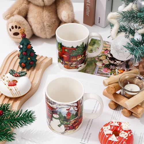 Whaline 4Pcs Vintage Christmas Mug Set 12oz Santa Snowman Coffee Mug Ceramic Xmas Winter Party Cups for Home School Office Housewarming Gift - Image 3