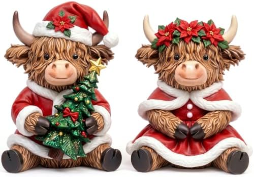2 Pcs Christmas Highland Cow Figurines, Christmas Table Decor by Burbell