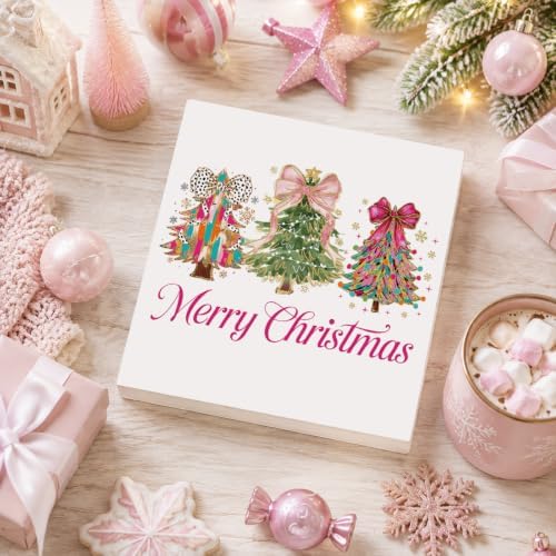 Pink Christmas Decor, Christmas Decorations Indoor, Glitter Bow Xmas Tree Snowflake Merry Sign Gift for Women Friends, Rustic Wooden Box Sign for Home Office Bedroom Desk Decor 5x5 Inches - Image 4