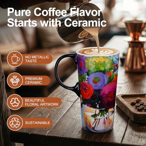 Topadorn 17oz Ceramic Travel Mug with Lid, Floral Coffee Mug with Gift Box - Image 4