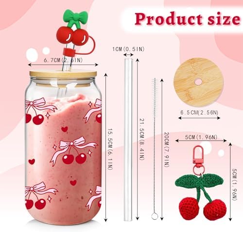 Coquette Cute Glass Cup with Lids and Straws 18OZ Cherry Iced Coffee Cup - Image 2