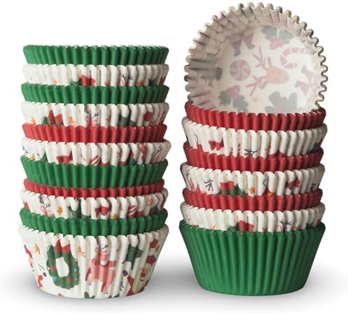 500 Paper Cupcake Liners, Muffin Liners or Baking Cups for Desserts, Muffins, Cupcakes and More Treats; Grease Proof, Food Grade, Nut Serving Containers (Christmas) by Happy+Hippo