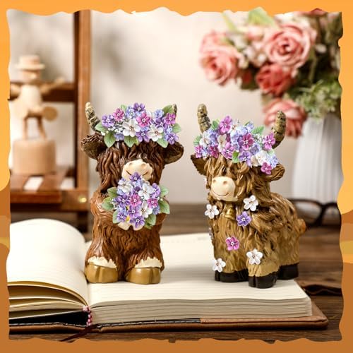 2 Pcs Resin Highland Cow Figurines Decor, Lilacs Theme - Image 5