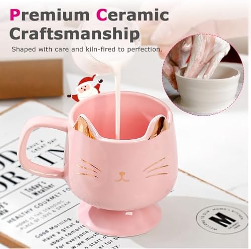 Christmas Mugs High-Footed Ceramic Cat Mug – 13.5oz Unique Coffee Cup with kitty Expression Design, Fun Gift for Women, Girls, Kids, Cat Lovers (pink) - Image 6