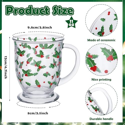 FoldTier Set of 4 Christmas Glass Coffee Mugs 12 oz Clear Holly Leaf and Berry Coffee Cups with Handle Thick Base Xmas Glass Mugs for Christmas Winter Holiday Milk Hot Cocoa Party Decor - Image 2