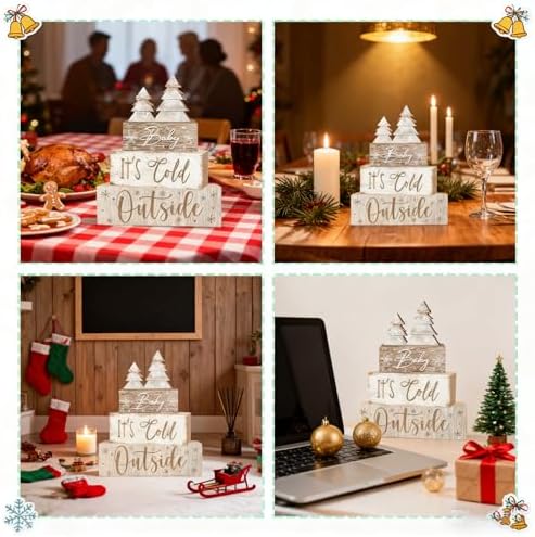 4 Pcs Christmas Decorations Indoor - Christmas Tree Table Decoration for Home - Wooden Centerpiece For Table - Winter Tiered Tray Decor Rustic Farmhouse Xmas Gift for Home Kitchen Mantel - Image 6