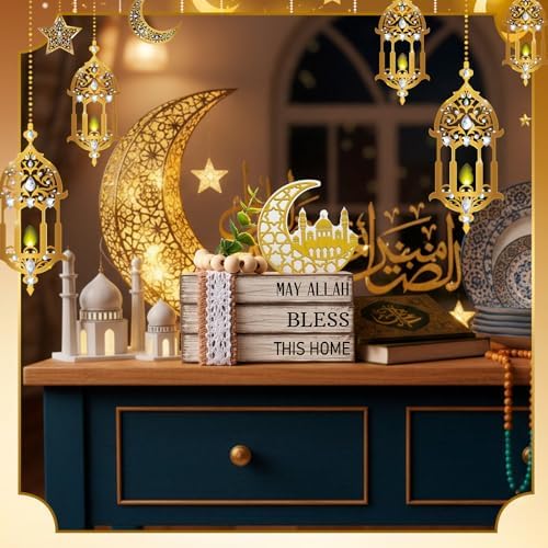 Eid Mubarak Decorations for Home Ramadan Decorations Wood Ramadan Mubarak Table Sign Golden Moon Eid Tiered Tray Sign for Islamic Muslim Table Indoor Shelf Office Gifts - Image 6