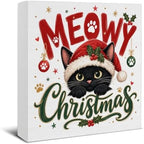 Black Cat Christmas Decor, Meowy Christmas Wooden Sign, Happy Holiday Decor by EUDOSI