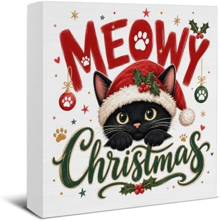 Black Cat Christmas Decor, Meowy Christmas Wooden Sign, Happy Holiday Decor by EUDOSI