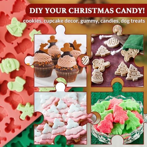 HKNMTT Mini Christmas Candy Molds, Silicone 72 Cavity Chocolate Mold, Tree Santa Snowman Stocking Bell Gingerbread Shape Gummy Making Set, Food Grade for Gifts Cookies Dog Treats - Image 6