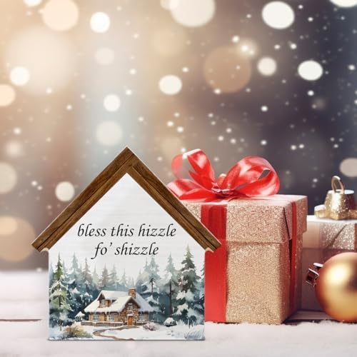 Rustic Christmas Decor, Bless This Hizzle Fo' Shizzle House Shaped Sign - Image 6
