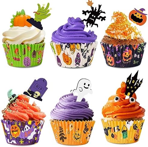 Halloween Cupcake Liners with Toppers Picks, Standard Wrappers Cupcake Disposable Baking Cups Muffin Liners for Halloween Party Decorations Supplies (150 Liners & 150 Toppers) - Image 2