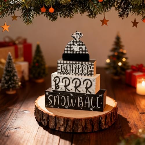 4 Pcs Christmas Decorations Indoor - Wooden Snowball Table Decoration for Home - Christmas Centerpiece For Table - Winter Tiered Tray Decor Rustic Farmhouse Xmas Gift for Home Kitchen Mantel - Image 2