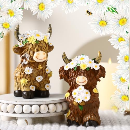 2 Pcs Highland Cow Figurines Decor, Daisy Flower Style - Image 6
