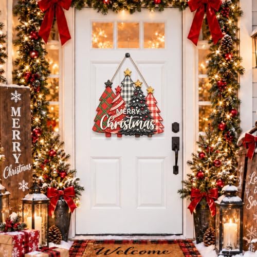 Christmas Decorations Buffalo Plaid Christmas Tree Wooden Hanging Sign - Image 2