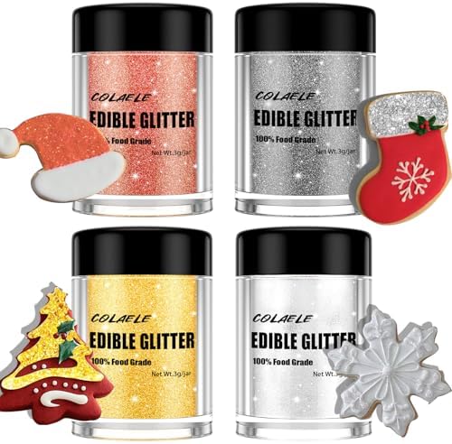 Edible Glitter for Drinks Cakes Christmas Set - Colaele 4 Colors Shimmering Luster Dust Disco Glitter Food Grade Metallic Food Coloring Glimmer for Strawberries, Chocolates, Fondant, Pops, Vegan by Enjoyyourcolorfullife