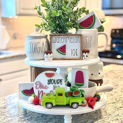 Watermelon Truck Decor, Vintage Green Pickup Truck with Farm Fresh Watermelon, Summer Farmhouse Tiered Tray Decor, Rustic Kitchen Tabletop Decorations for Home Office - Image 5