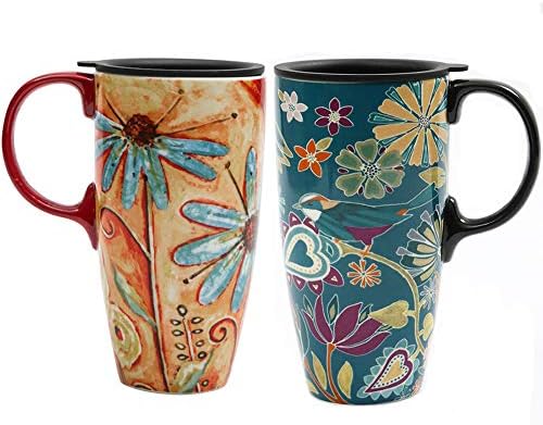 Topadorn Set of 2 Ceramic Travel Mugs with Lid, 17oz Ceramic Coffee Mug by Topadorn