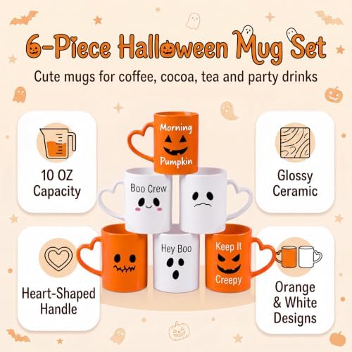 Halloween Coffee Mugs with Heart Handles, 6 Pack 10 Oz Cups - Image 3