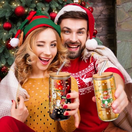 6 Set Christmas Glasses Cups with Bamboo Lid and Glass Straw 16 oz Gingerbread Man Christmas Drinking Cup Beer Iced Coffee Cup Xmas Tumbler Mugs for Women Men Holiday Party Office Gifts - Image 5