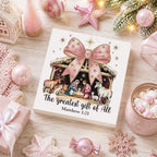 Pink Christmas Decor, Christian Christmas Decorations Indoor, Glitter Bow Nativity Scene Sign Gift for Women Friends, Rustic Wooden Box Sign for Home Office Bedroom Desk Decor 5x5 Inches - Image 4