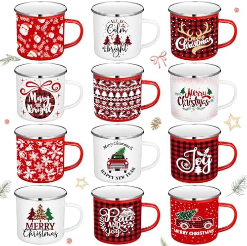 Christmas Enamel Mugs Set of 12, 12 oz Holiday Coffee Cups Gifts by Suttmin