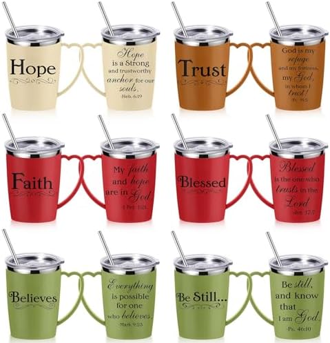 6 Pcs Christian Coffee Mugs Bulk Large 16 oz Religious Tumblers Stainless Steel Insulated Cups with Handle Lid Straw Brushes Bible Verses Scripture Quotes for Women Men Church Gifts by Kritkin