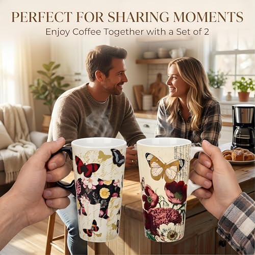Topadorn 17oz Ceramic Travel Mugs with Lids, Butterfly Floral Mug Set of 2 - Image 2