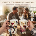 Topadorn 17oz Ceramic Travel Mugs with Lids, Butterfly Floral Mug Set of 2 - Image 2