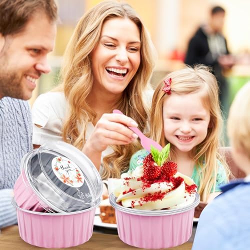 30Pcs Mini Cake Pans with Lids Aluminum Foil, ZOXILEN 5oz Disposable Mini Loaf pans with Lids and Spoons, Small Baking Cups Pie Tins Muffin Pan Cheesecake Containers for Party Pink Round - Image 4