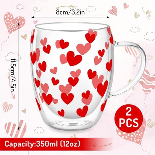 JarThenaAMCS Valentine' s Day Double Wall Glass Coffee Mugs Insulated Glasses 12Oz Red Heart Clear Espresso Cups with Handle for Home Holiday Supplies, Set of 2 - Image 2