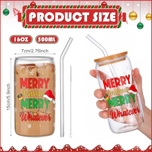 SiliFine 6 Pcs Christmas Glass Cups with Lid and Glass Straw, 16 oz - Image 3