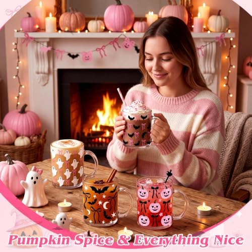 Tioncy 4 Pcs Halloween Coffee Mugs 12 oz Glass Pink Bow - Image 4