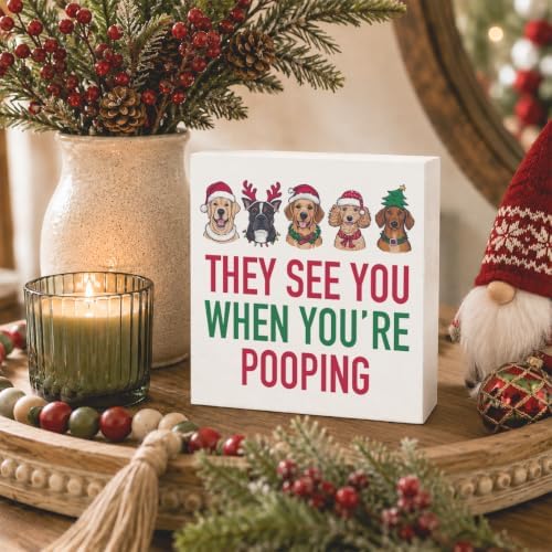 Christmas Bathroom Decor, Funny Dogs Christmas Decorations, Bow Santa Hat Bathroom Table Decoration They See You When You're Pooping Wooden Box Sign, Home Shelf Desk Decor for Toilet 5x5 Inches - Image 3
