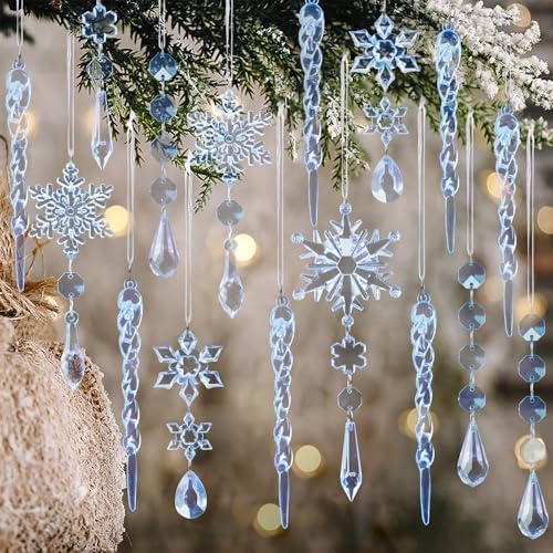 Crystal Christmas Tree Ornaments, Blue Acrylic Snowflake & Icicle, 18pcs by OuMuaMua