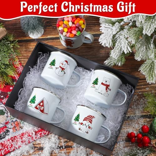 Christmas Enamel Mug Set of 9, 12 oz Hot Cocoa Mini Coffee Mugs Bulk, Novelty Holiday Set, Stocking Stuffer Gift for Kids, Women, Friends, Coworkers, Family - Image 6