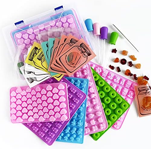 Gummy Bear Molds Silicone 32PCS, Non-stick Chocolate Candy Mold 18 Shapes for 327 Candies, With 4 Droppers, Clean Brush, Storage Box, 20 Wrappers, Including Dinosaur Mini Donut Fruit Animals Shaped by HKNMTT