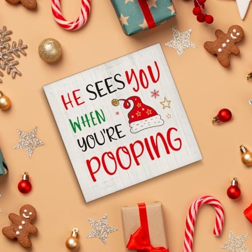 Christmas Bathroom Decorations, Funny Christmas Wood Sign Decor 5x5 Inches - Image 4