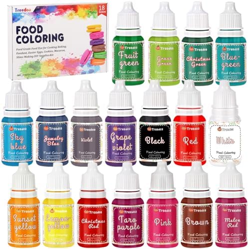 Food Coloring Liquid Set,18 Colors x 10ml Food Grade Food Dye Edible Vibrant Liquid Color for Cake Decorating,Baking,Easter Egg,Icing,Fondant,Cookies,Slime Making DIY Supplies Kit -0.35 Fl. oz/Bottles by Treedoa