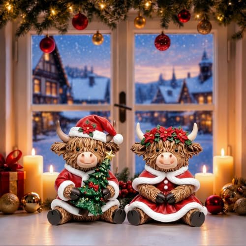 2 Pcs Christmas Highland Cow Figurines, Christmas Table Decor - Image 5