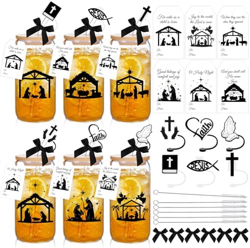 Vesici 6 Pcs Christmas Christian Gift 16 oz Nativity Glass Cups with Lid Straw and Stopper Christian Coffee Cup Tumbler Religious Gifts with Cards and Bow for Women Church Christmas Party Favor by Vesici