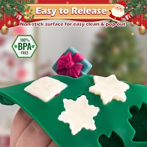 HKNMTT Christmas Silicone Molds for Xmas Candy Chocolate Wax Decor, 84 Cavity 7 Shapes Gummy Mould, Including Santa Gift Box Snowflake Bell Glove Tree Gingerbread Food Grade Holiday Baking DIY Moulds - Image 3