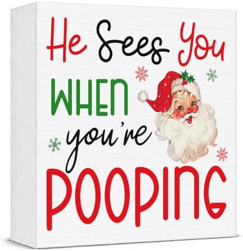 Christmas Bathroom Decor, Funny Christmas Santa Decorations Wooden Box Sign by Unknown