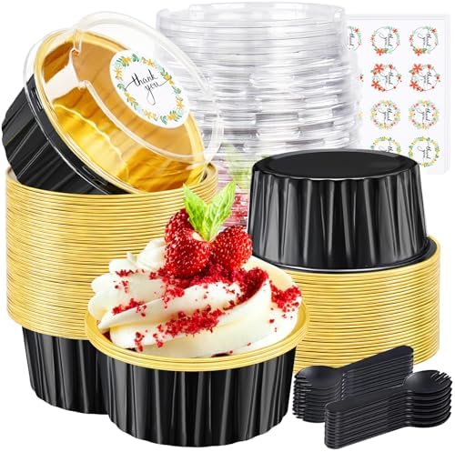Round Mini Baking Tins with Lids, 5oz Disposable Small Cake Pans, Black by ZOXILEN