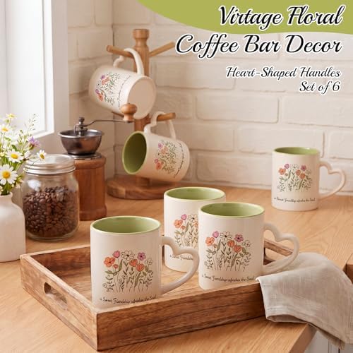 Floral Coffee Mug Set of 6, Ceramic Cups with Heart Handle - Image 3