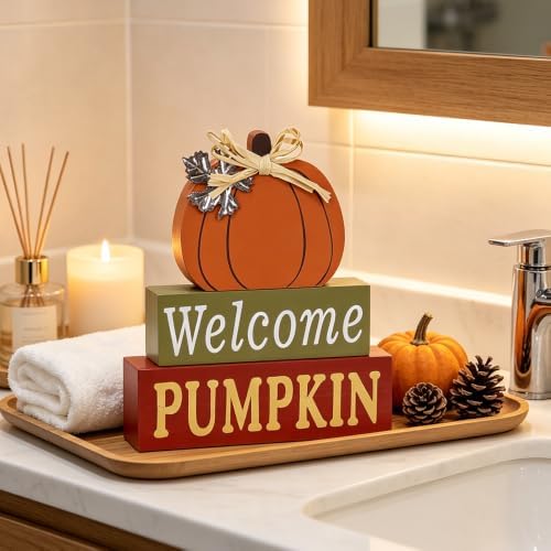 MEETYAMOR Fall Decorations for Home, Large Size 3-Layered Wood Block Pumpkin Sign for Thanksgiving Decor, Thanksgiving Decorations for Home, Autumn Sign with Welcome Lettered Centerpieces - Image 4