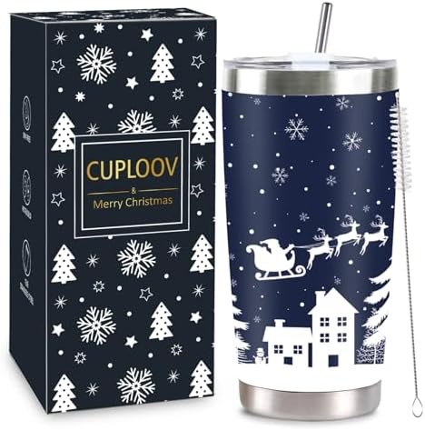 2025 Christmas Gifts for Women and Men, 20 oz Dark Blue Stainless Steel Christmas Coffee Tumblers with Lid and Straw, Snowflake Insulated Coffee Travel Mug for Women Men Teachers Coworkers by CUPLOOV